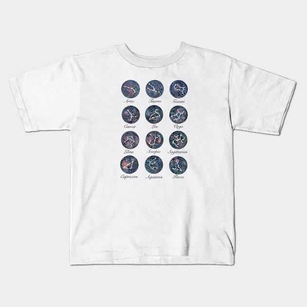 Watercolor Night Sky with Zodiac Constellation Kids T-Shirt by paintingbetweenbooks